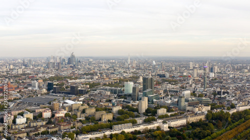 Aerial view cityscape of London with urban architectures. Icons of the London skyline feat residential neighborhood such as Euston, Fitzrovia, Marylebone with Central Famous Buildings in England, UK