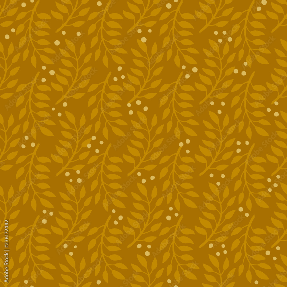 Fototapeta Seamless Floral Pattern. Fashion textile pattern with decorative branches on mustard background. Vector illustration