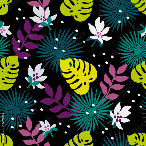 Seamless tropical Pattern. Fashion textile pattern with decorative leaves, fl...
