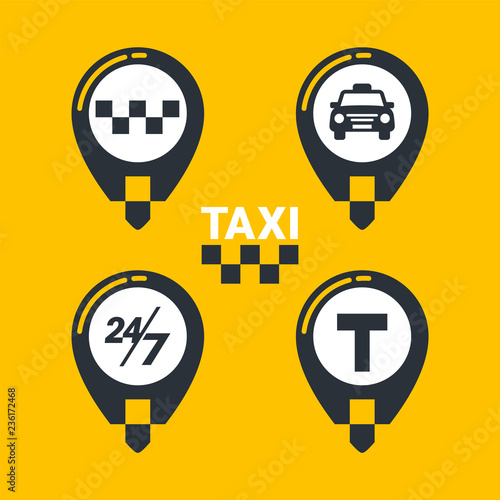 Taxi service icons. Taxi map pins with checkers, taxi car, T-sign and twenty-four seven sign on yellow background. lat style Vector illustration.
