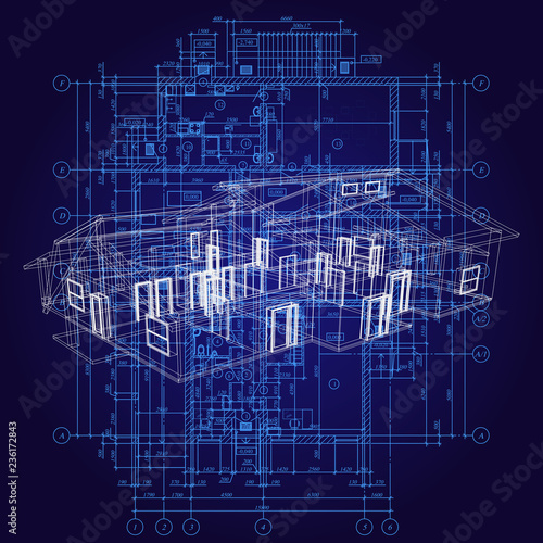 Detailed architectural plan. Architectural background with a 3D building model. Vector Illustration.