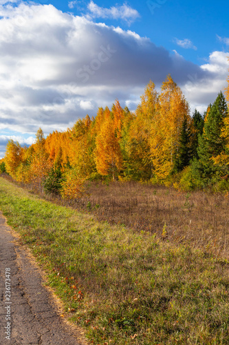 the road with broken asphalt in Chuvashia in Russia, shot on a clear autumn day
