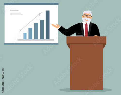 Smiling elderly speaker with beard stands behind the brown wooden lectern and carries out the report, makes analysis of the chart of growth. Blue background. Vector illustration