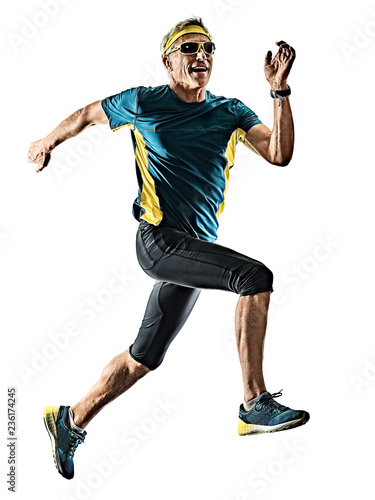 Fototapeta Naklejka Na Ścianę i Meble -  one caucasian senior man running runner jogger jogging  in studio shadow silhouette isolated on white background