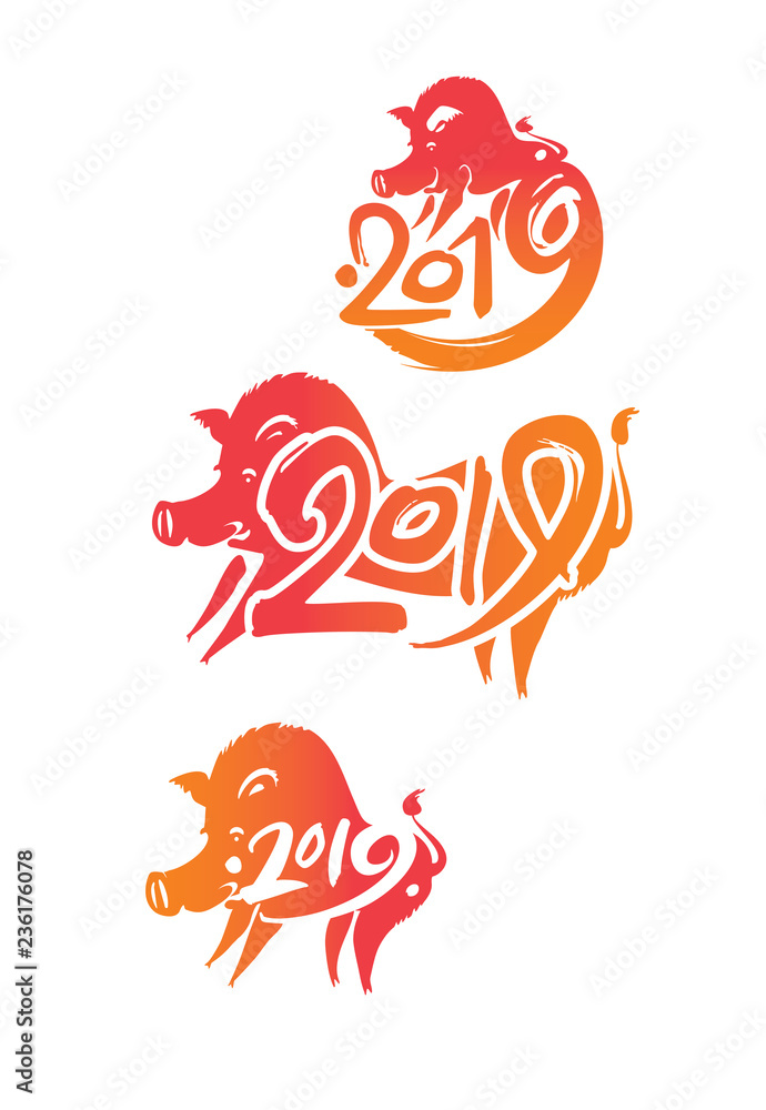 Boar 2019. Pig 2019. Set of three handwritten templates with the 2019 and pig. Vector template isolated on white. Imitation of painting with brush and ink. New Year on the Chinese calendar.
Boar 2019. Pig 2019. Set of three handwritten templates with the 2019 and pig. Vector template isolated on white. Imitation of painting with brush and ink. New Year on the Chinese calendar.
