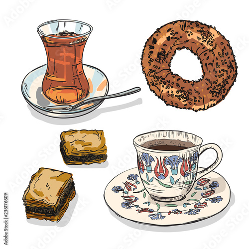 Drawing national turkish food with coffee, tea cup, simit and baklava. Hand drawn traditional turkey bavarages and bagels. photo