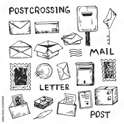 Drawing collection of postal objects and tools isolated on the white background. Sketch of mailing envelope, boxes, letters and stamps.