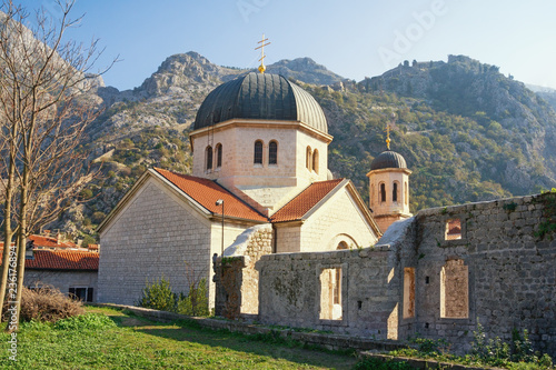 Religious architecture. Montenegro, Old Town of Kotor - UNESCO World Heritage site. Orthodox Church of St. Nicholas, view from Town Wall
