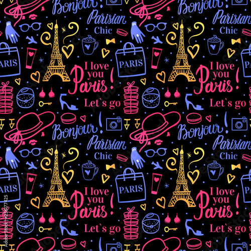Vector Seamless pattern. Bright color illustration Shopping in Paris at night. Bonjour Lets go Travel Fashion. Dark background.