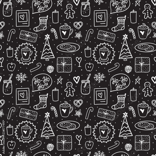 Doodle seamless pattern Merry Christmas night. Vector White hand drawing on black background. Holidays mood design texture.