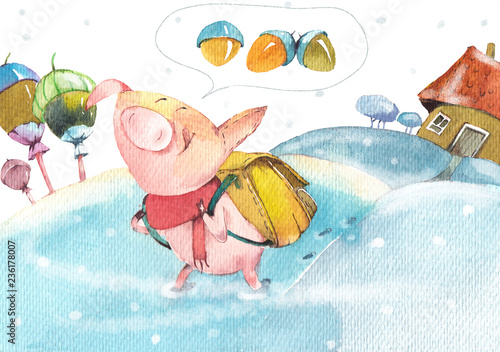 Happy pig goes to collect acorns