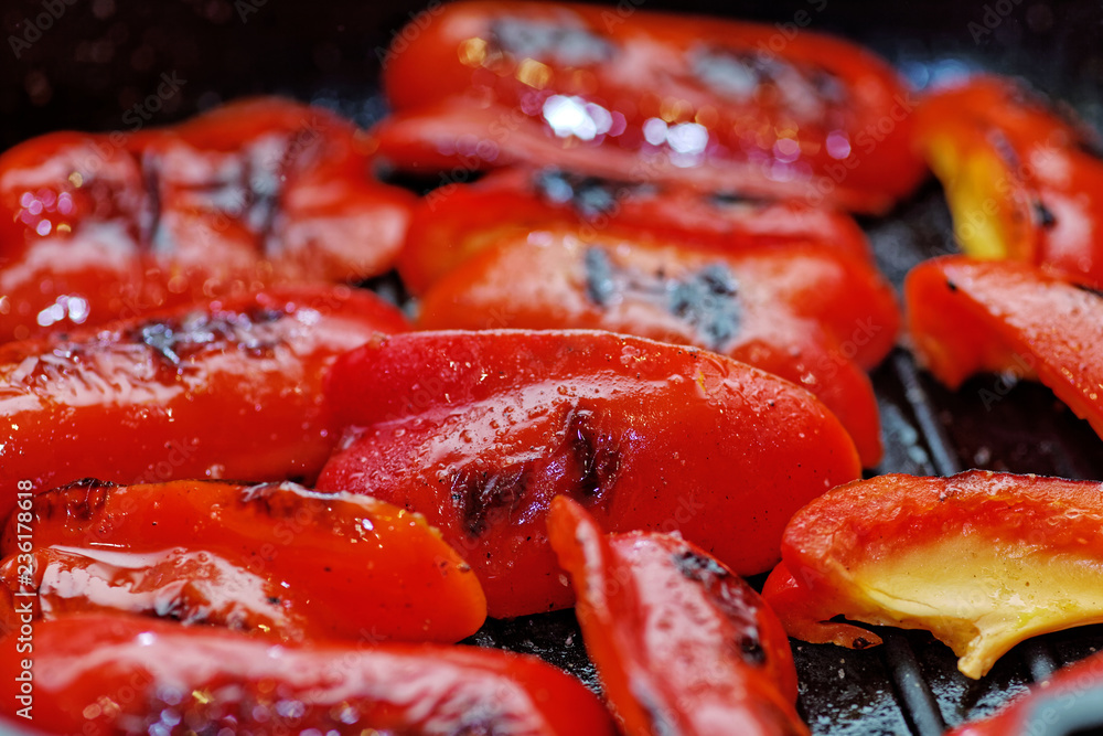 Close up grilled sweet bell peppers. Macro of a vegetable. Shallow depth a field