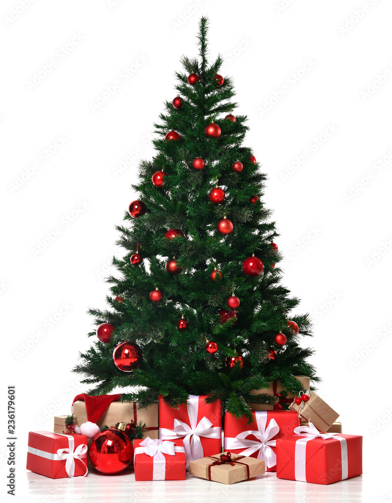 Christmas tree decorated with x-mas red patchwork ornament artificial balls craft presents gifts for new year 2019