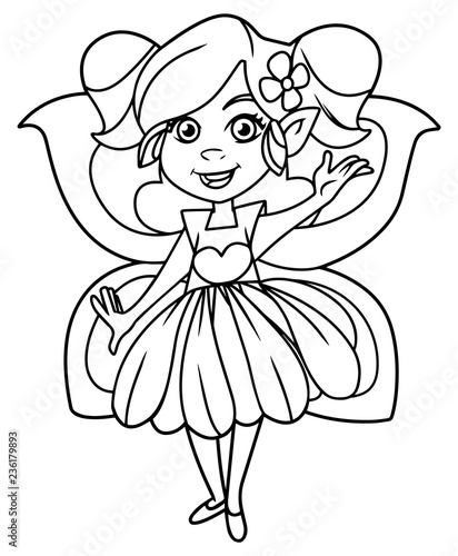 Illustration of happy little cartoon fairy with butterfly wings, on white background.