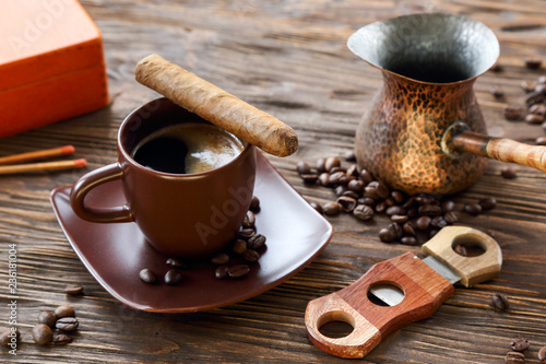 Canvas Print Cigar and a cup of black coffee