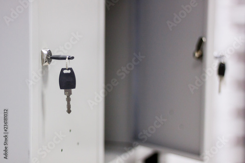 Concept of security. Metal locker storage of personal belongings in a public place or warehouse. close-up. selective focus