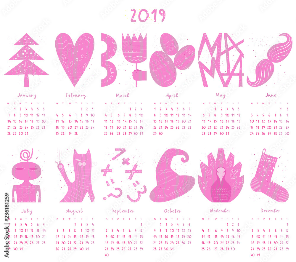 Calendar 2019 in flat style with hand drawn numbers. Monthly calendar with  objects, animals, lettering vector de Stock | Adobe Stock