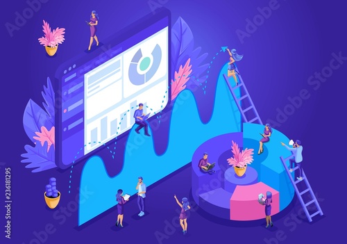 Isometric design concept for landing page. Data analysis concept with characters. Vector illustration