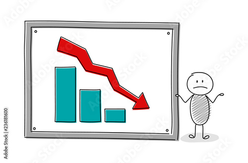 Stickman showing whiteboard with chart with columns. Vector.