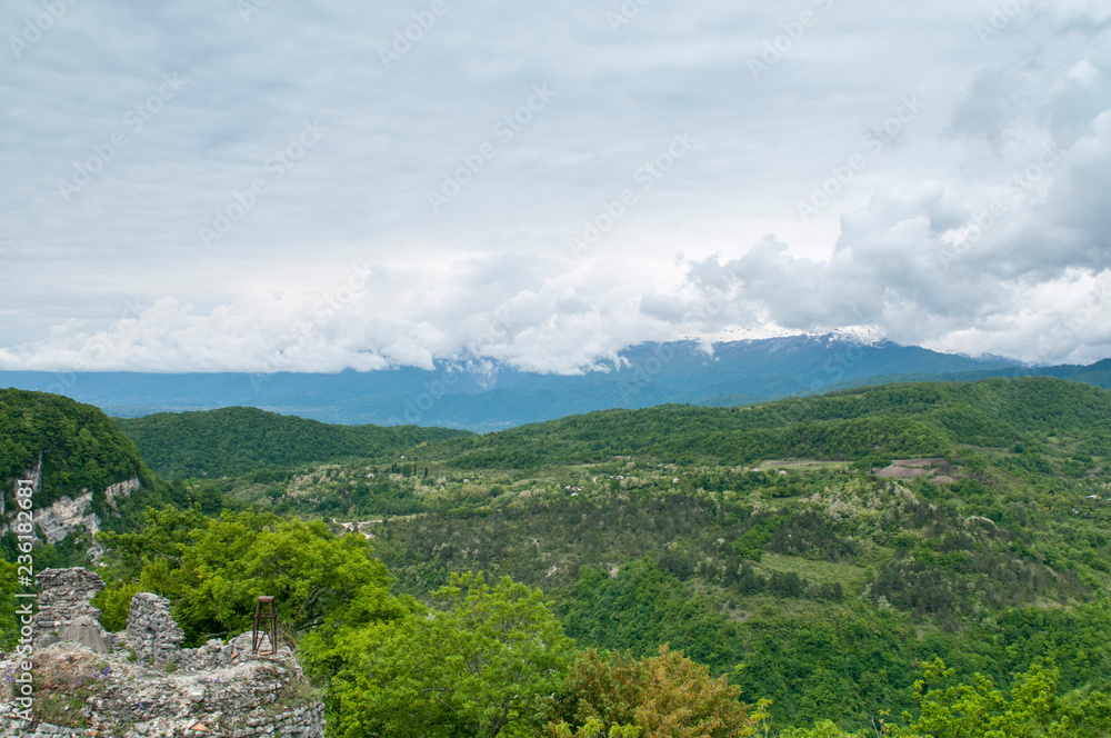 View of the mountain valley. Caucasus mountains from a great height