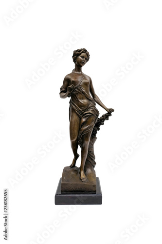 Antique statuette women from bronze on a stone pedestal on a white background. Isolated.