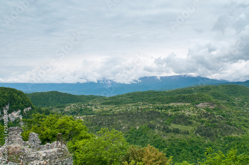 View of the mountain valley. Caucasus mountains from a great height