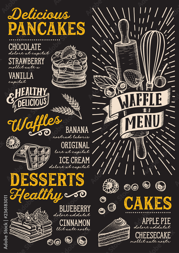 Waffle and pancake menu template for restaurant with doodle handdrawn