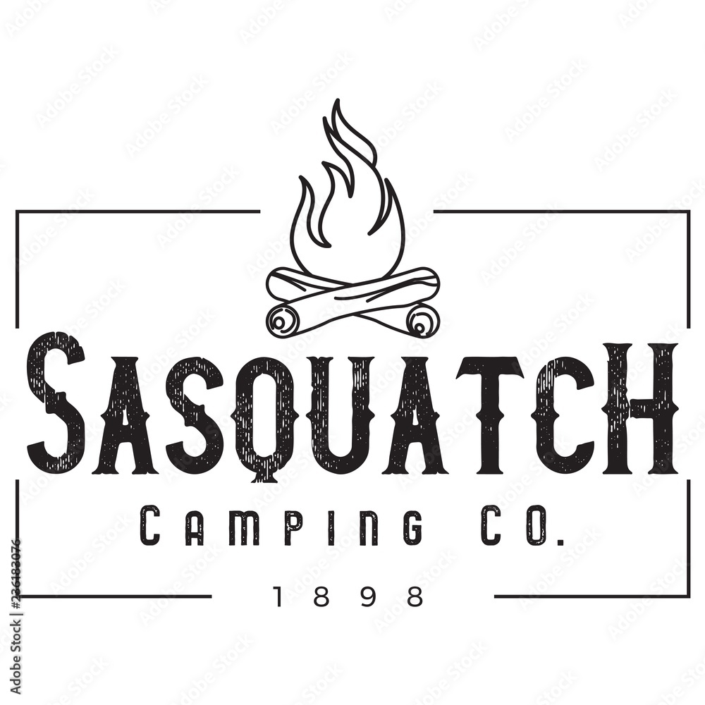 Vector Distressed Rectangle Sasquatch Camping Company Log Campfire Logo in Black & White. Great for t-shirts, hats, apparel, logos, gifts, home decor, textiles, stationery, and paper crafting. - obrazy, fototapety, plakaty 