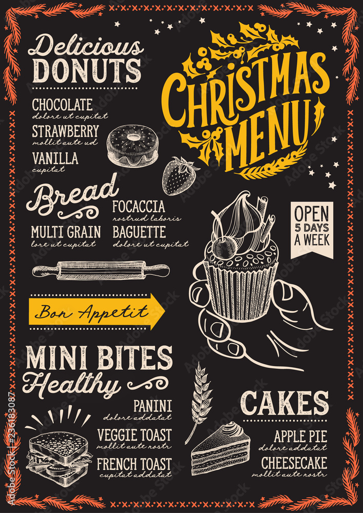Fototapeta premium Christmas menu template for bakery on blackboard.