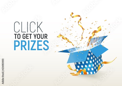 Open textured blue box with confetti explosion inside. Click to get your prizes. Flying particles from giftbox vector illustration on white background photo