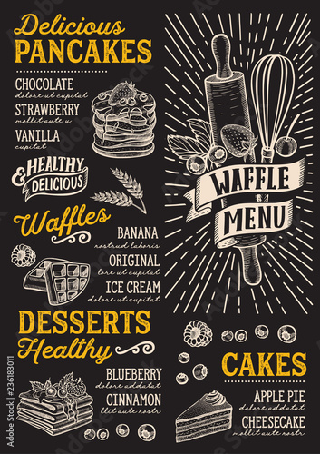 Waffle and pancake menu template for restaurant with doodle hand-drawn graphic.