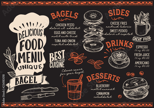Bagel food menu template for restaurant with chefs hat lettering.