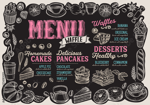 Waffle and pancake menu for restaurant with frame of hand-drawn fruits and sweets.