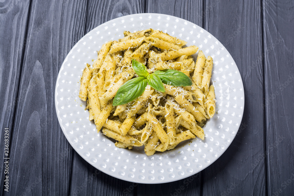 Italian penne pasta with sauce pesto Italian penne pasta with sauce pesto
