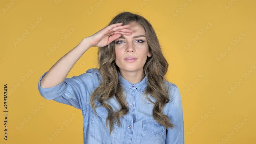 Young Girl Searching New Chance, Yellow Bakground Young Girl Searching New Chance, Yellow Bakground