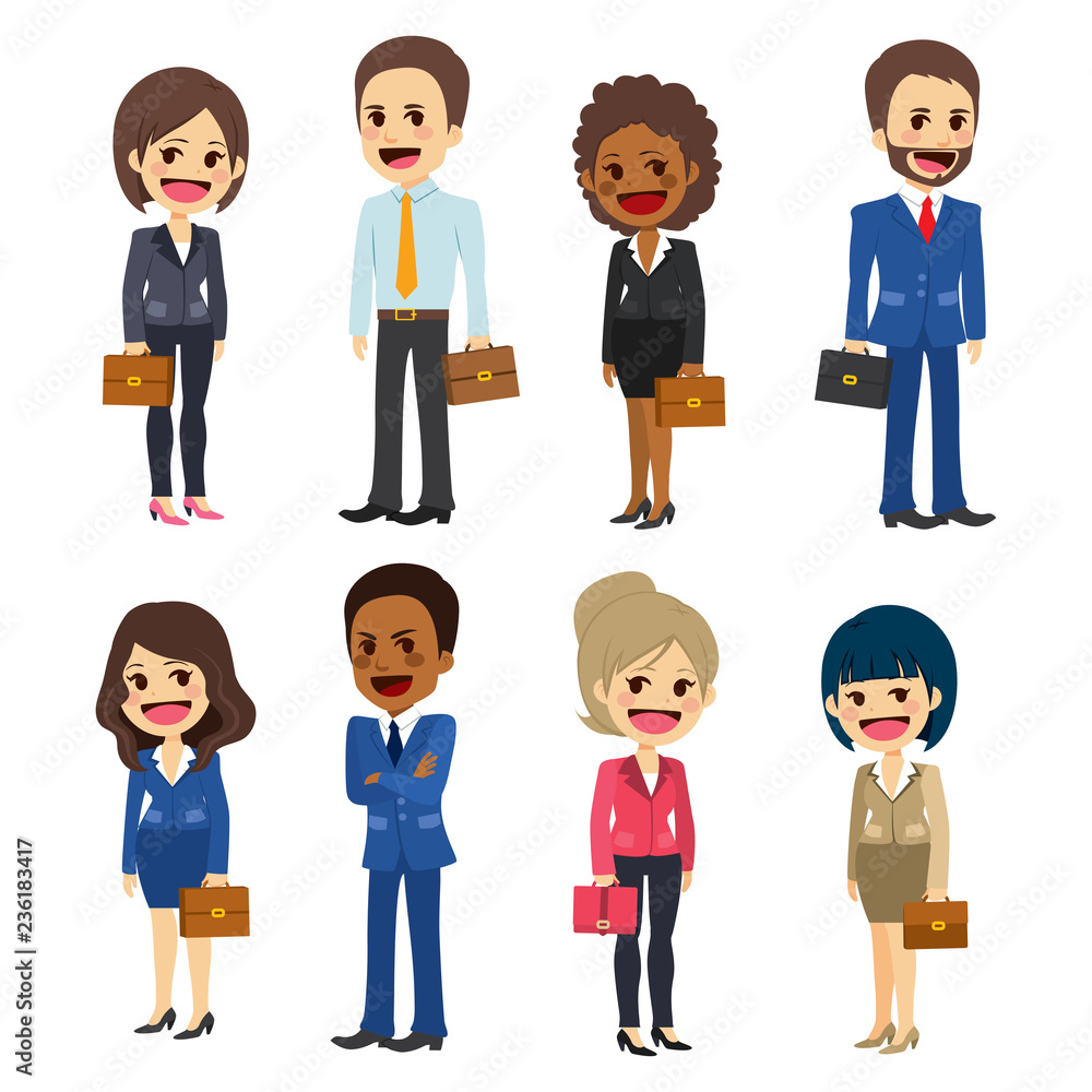 Business character people group teamwork standing with briefcase Business character people group teamwork standing with briefcase