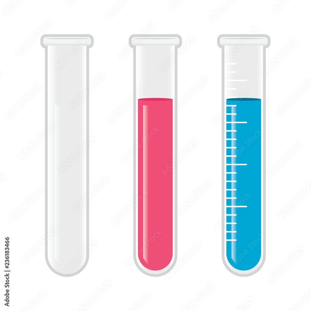 Chemistry flask tubes transparent empty and with pink and fluid Chemistry flask tubes transparent empty and with pink and fluid