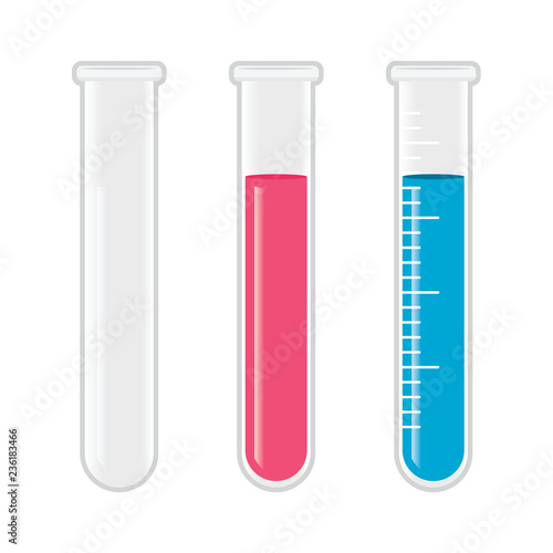 Chemistry flask tubes transparent empty and with pink and fluid
