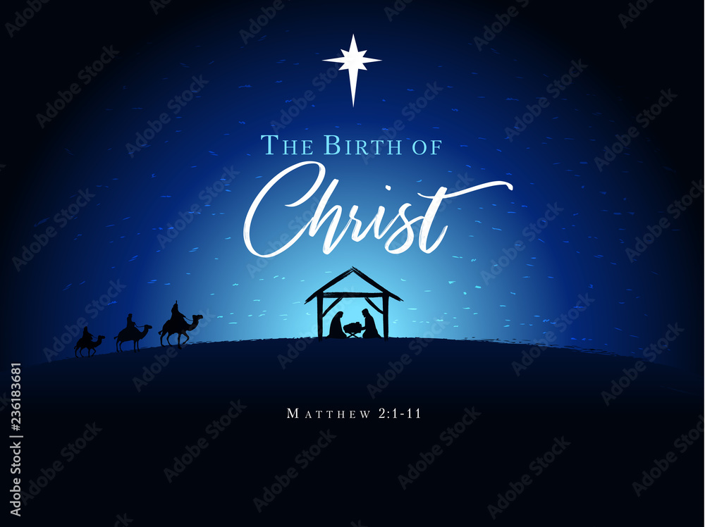 Fototapeta premium Christmas scene of baby Jesus in the manger with Mary and Joseph in silhouette, surrounded by star and three wise men on camels. Christian Nativity with text The Birth of Christ, vector banner