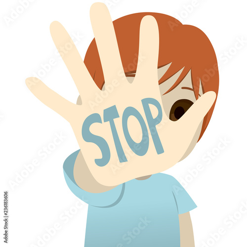 Illustration of little kid hand with stop text child abuse concept