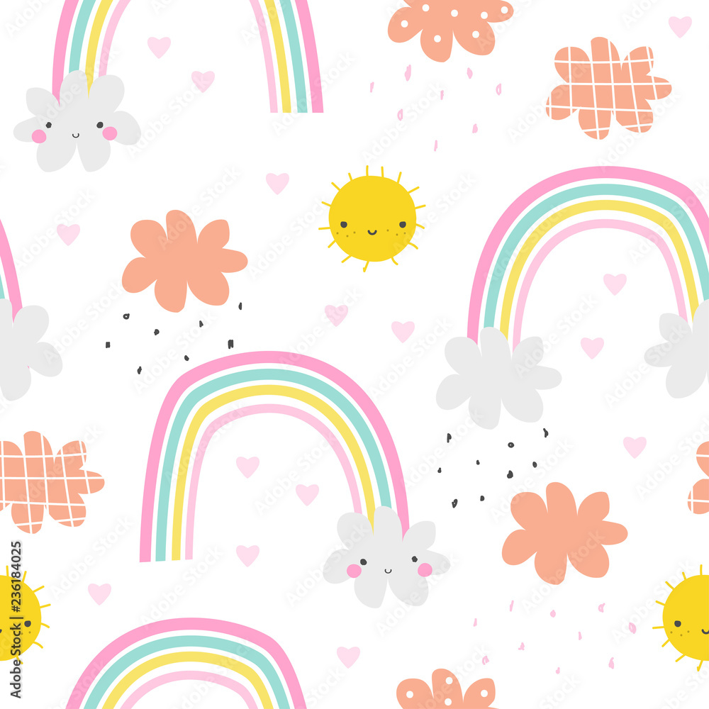 Seamless pattern with cute sun and rainbow. Childish print. Vector hand ...