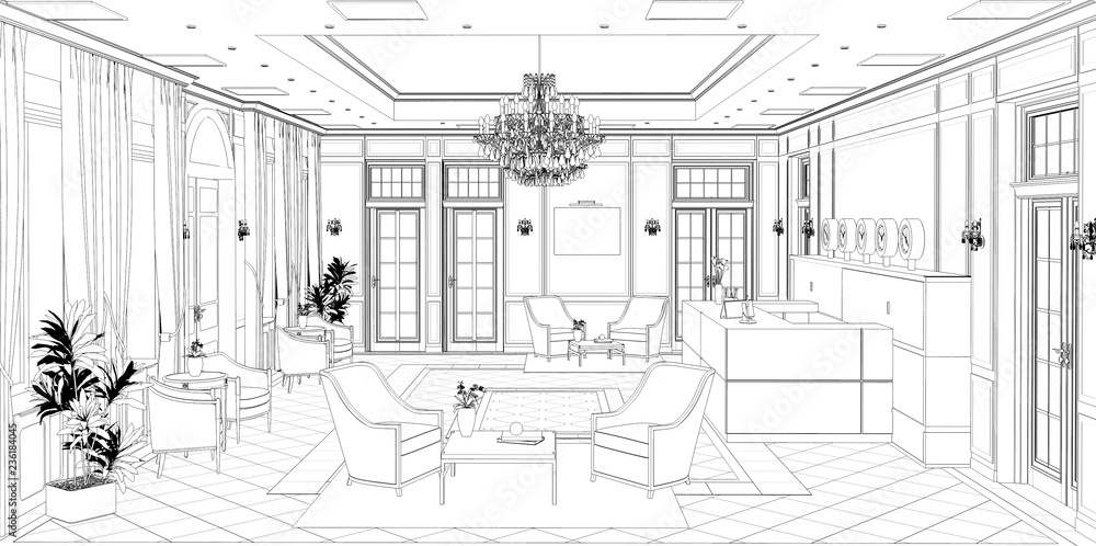 How to draw in two point perspective, a hotel lobby - YouTube