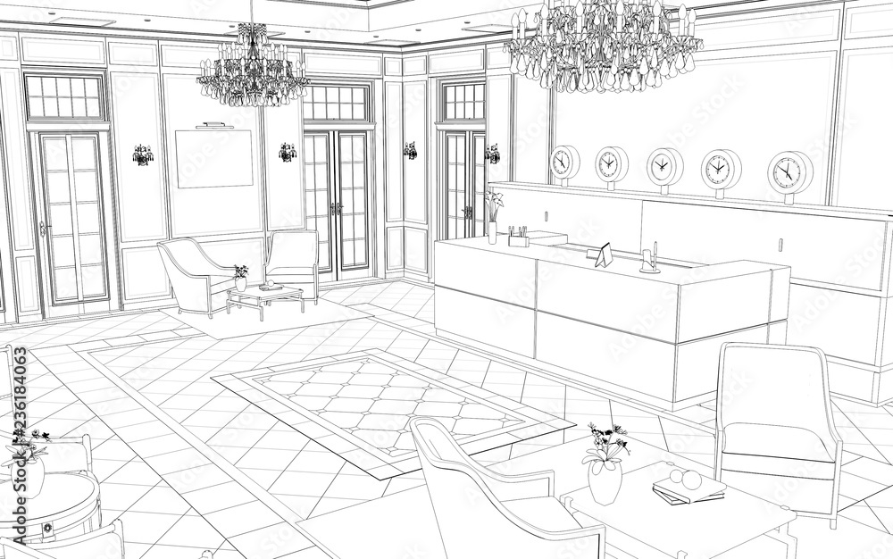 Reception lobby interior graphic black white sketch illustration vector  Stock Vector Image & Art - Alamy