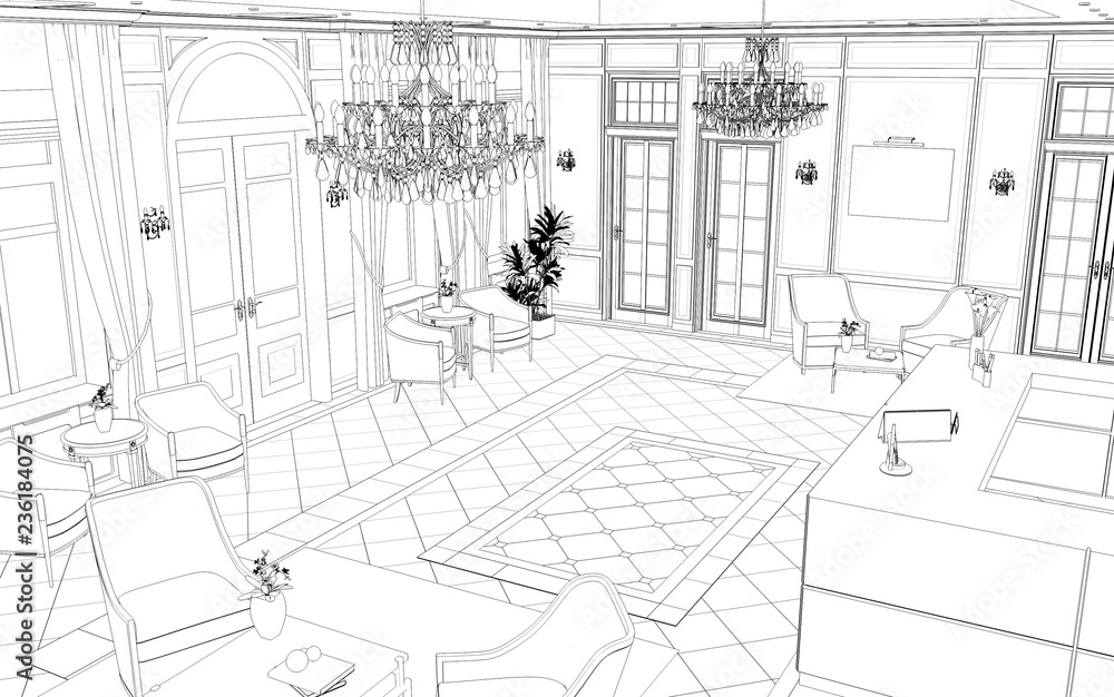 Fototapeta premium hall, hotel lobby, contour visualization, 3D illustration, sketch, outline