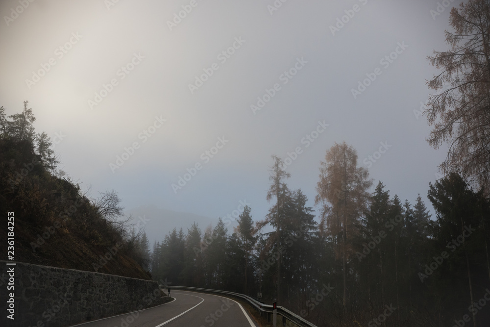 Travel by car in the mountains. A view from the car. Foggy forest Travel by car in the mountains. A view from the car. Foggy forest