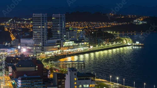 Puerto Montt, Region de Los Lagos / Chile - 11 11 2017: time lapse at night overlooking the bay of the city of puerto montt