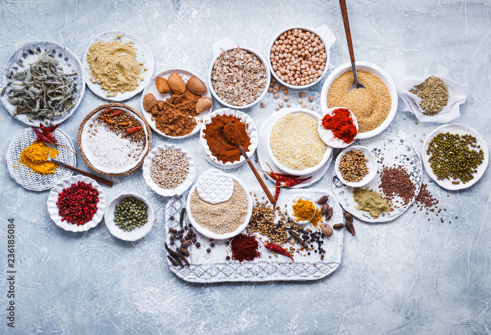 Group of plant based food diet vegan vegetarian dry grains, seeds condiments food Group of plant based food diet vegan vegetarian dry grains, seeds condiments food