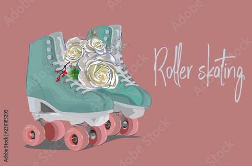 Blue roller skates decorated with roses on pink background. Sport poster. Hand drawn vector.