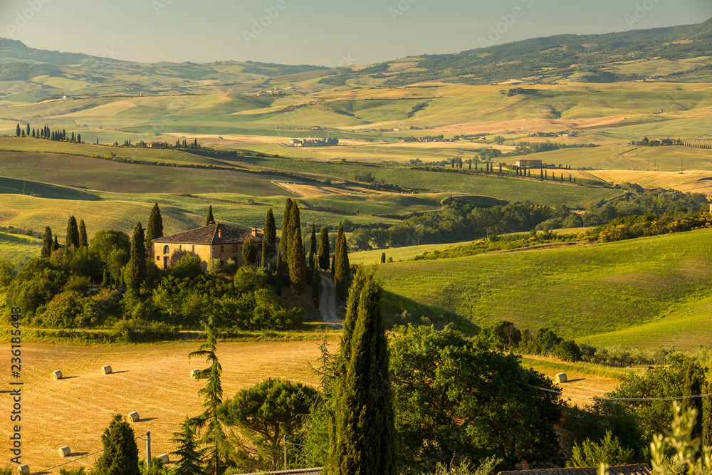 Naklejka premium A lovely farmhouse in the morhing sun, San Quirico d'Orciain, Italy
