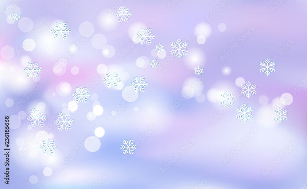 Christmas Chaotic blur for New Years, bokeh of light snowflakes on background violet. Vector illustration for design and decorating